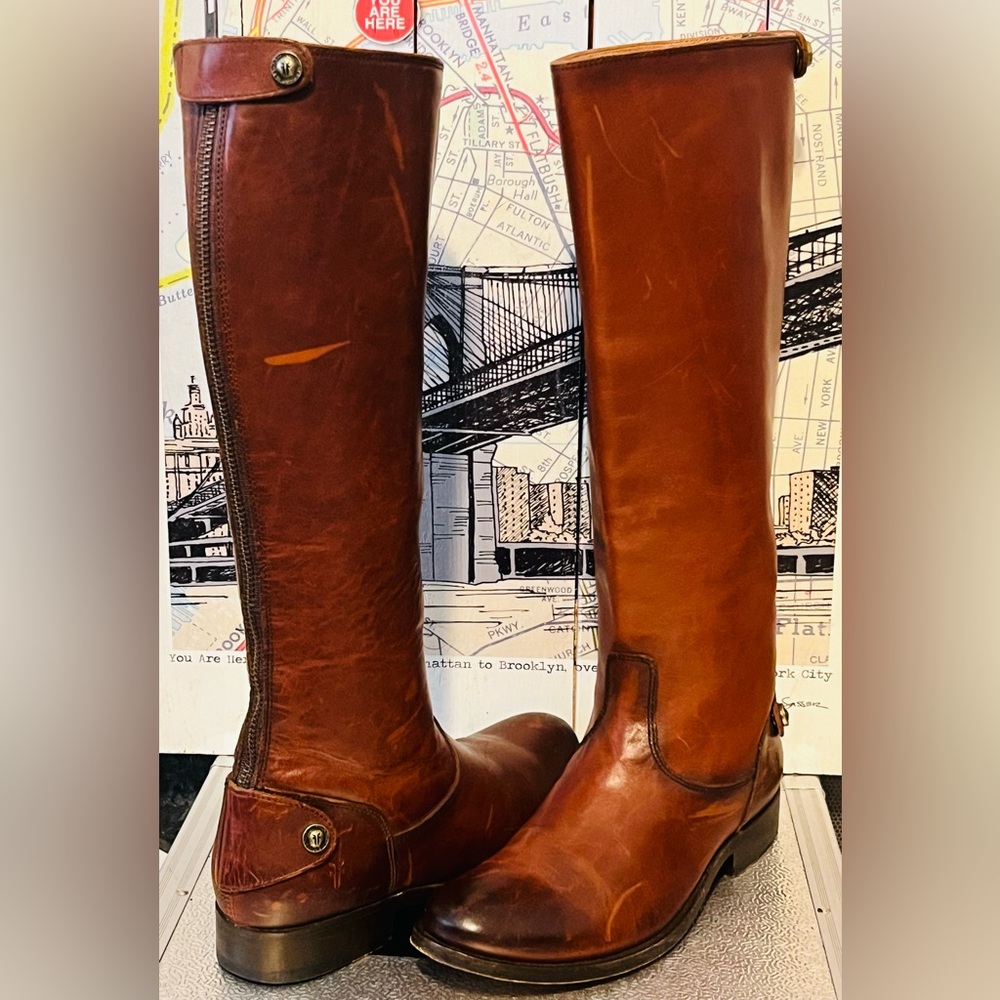 Frye Tall Leather Riding Boots in Cognac Brown
